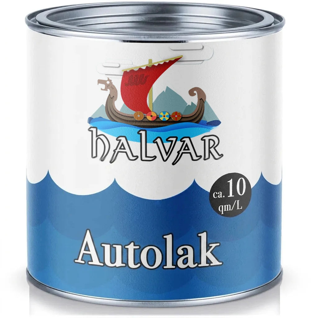 Malingsdåse HALVAR Autolak med vikingeskib og dækkeevne ca. 10 kvm/L.