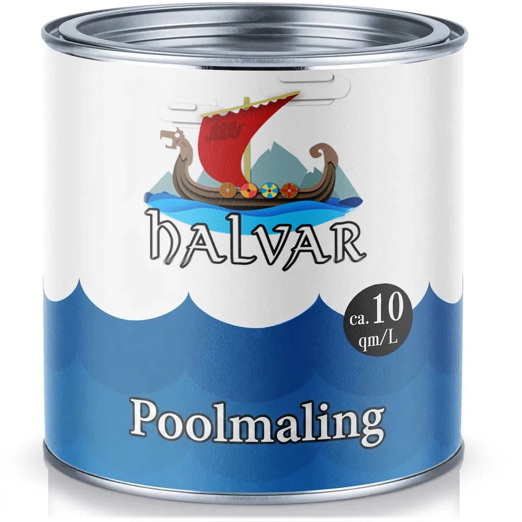 Halvar svømmebassinmaling dåse med vikingeskib, blåt bølgemønster og dækningsinformation ca. 10 kvm/L.