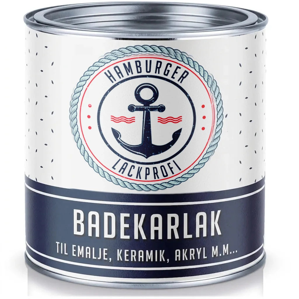 Hvid malingdåse med blåt og rødt ankerlogo. Påskriften "BADEWANNENLACK" indikerer emalje til badekar, keramik, akryl.