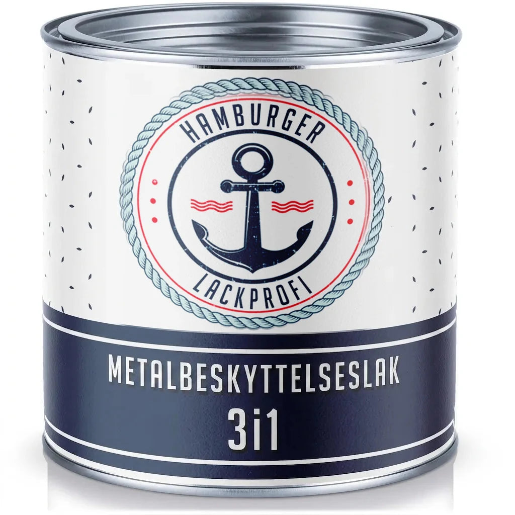 Dåse med Hamburger Lackprofi 3-i-1 metalbeskyttelseslak med sømandstema og ankerlogo.