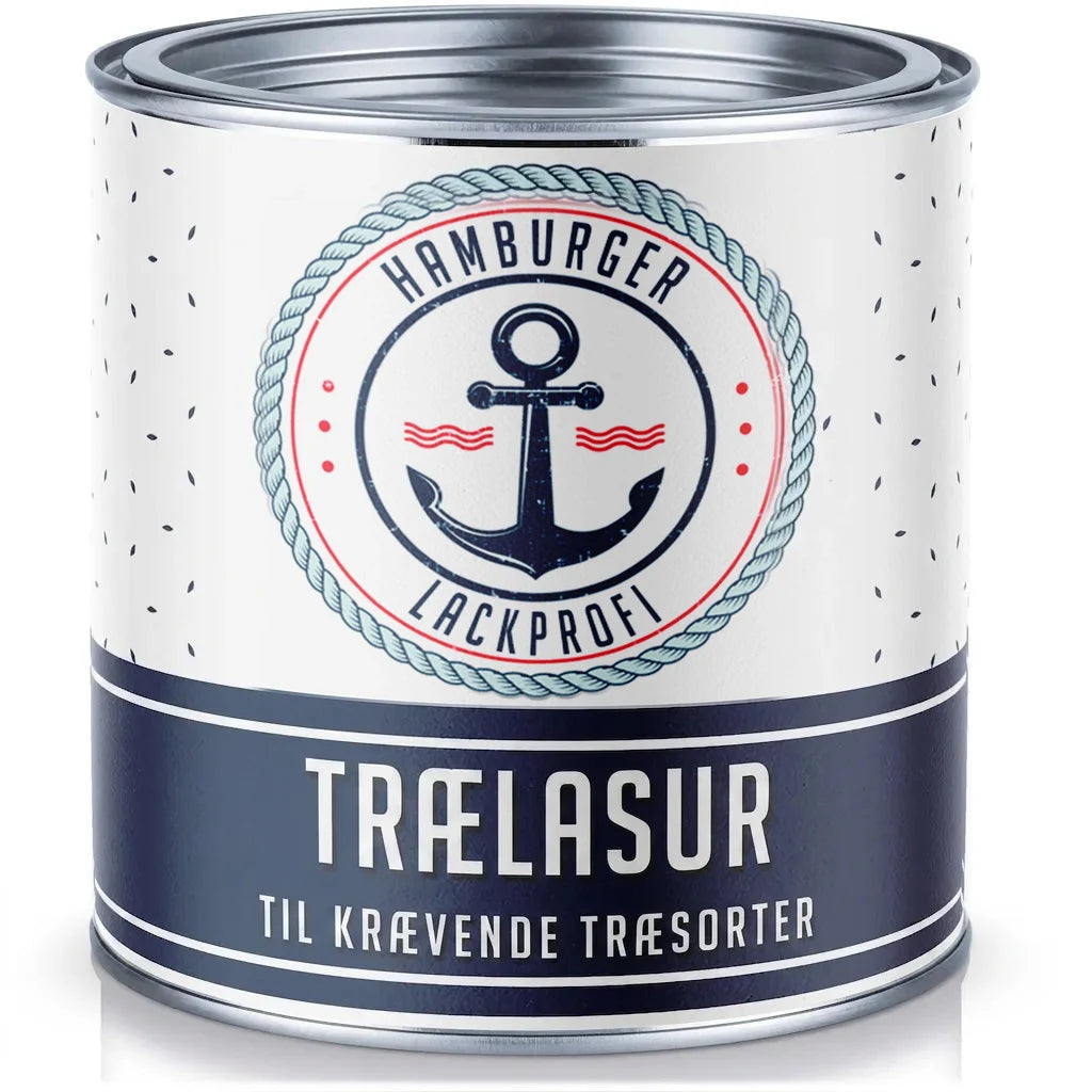 Hvid malingsdåse med 'Hamburger Lackprofi' trælasur i maritimt design, til krævende træsorter.