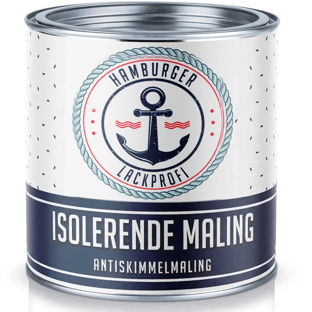 Malingdåse med isoleringsmaling og anti-skimmelsvamp maling, hvid med maritimt anker-logo.