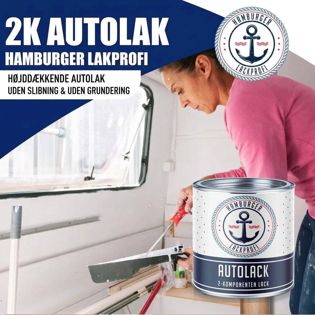 Kvinde maler autocamper med "2K AUTOLAK HAMBURGER LAKPROFI" maling. Produktet er "AUTOLACK 2-KOMPONENTEN LACK".