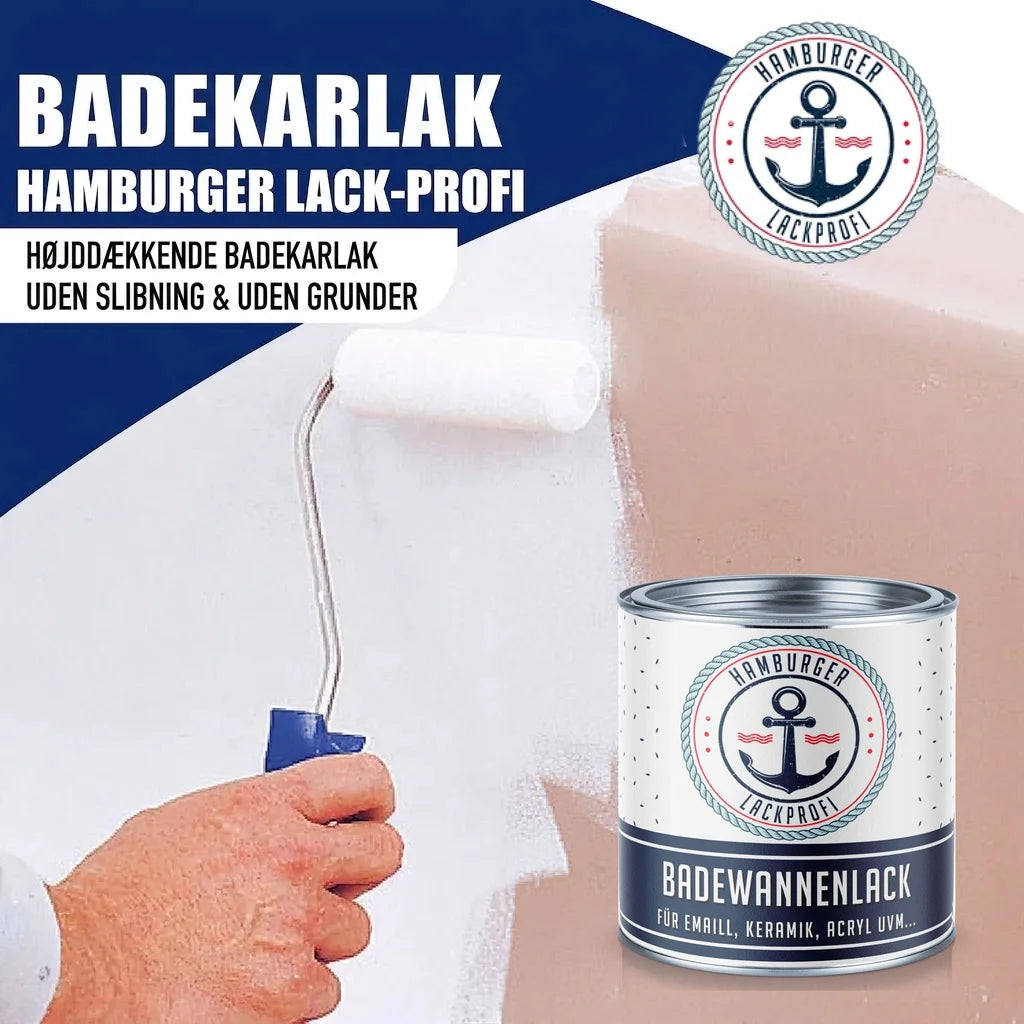 BADEKARLAK "HAMBURGER LACK-PROFI" maling påføres med rulle. Dåse med "BADEWANNENLACK".