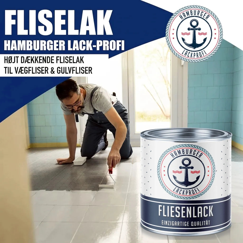 Mand maler fliser med "Hamburger Lack-Profi" "Fliesenlack". Produktet er "Højt dækkende fliselak".