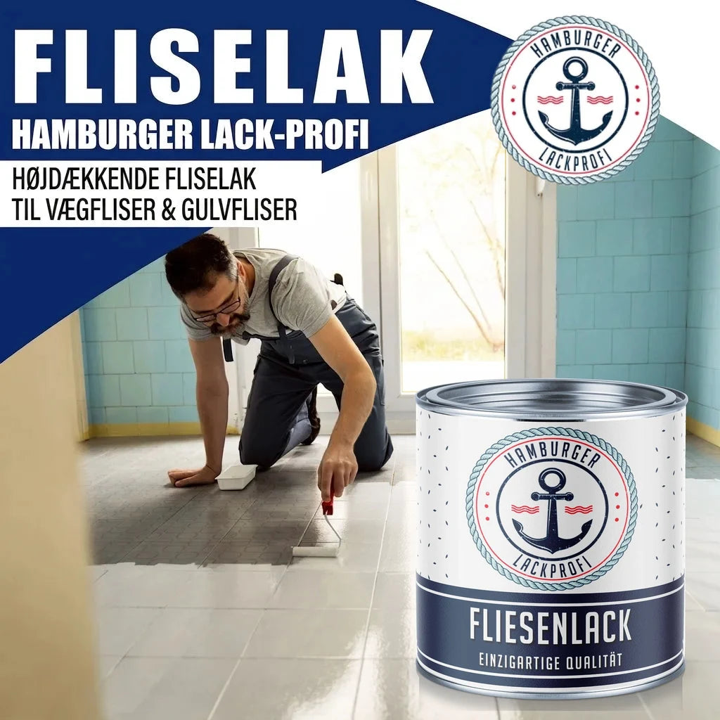 Mand maler gulvfliser med "FLIESENLACK" fra Hamburger Lack-Profi. Højtdækkende fliselak til væg- og gulvfliser.