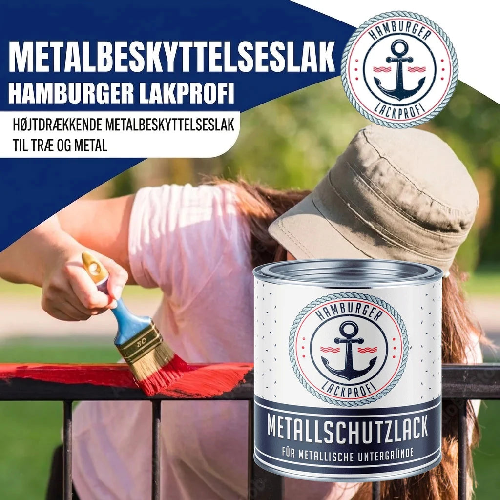 Kvinde maler gelænder med rød maling; "Hamburger Lackprofi" dåse med "METALLSCHUTZLACK FÜR METALLISCHE UNTERGRÜNDE".