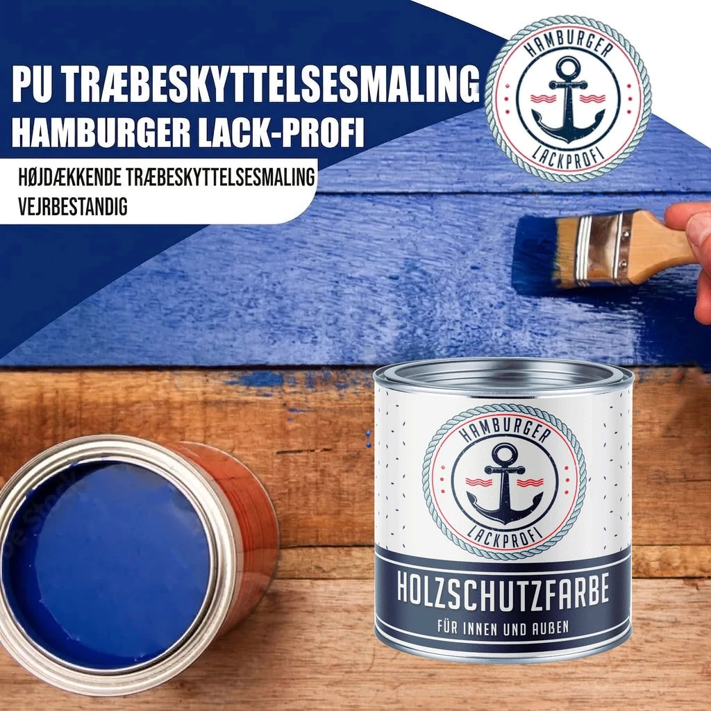 Hamburger Lack-Profi træbeskyttelsesmaling. En dåse "HOLZSCHUTZFARBE" og en åben dåse med blå maling.