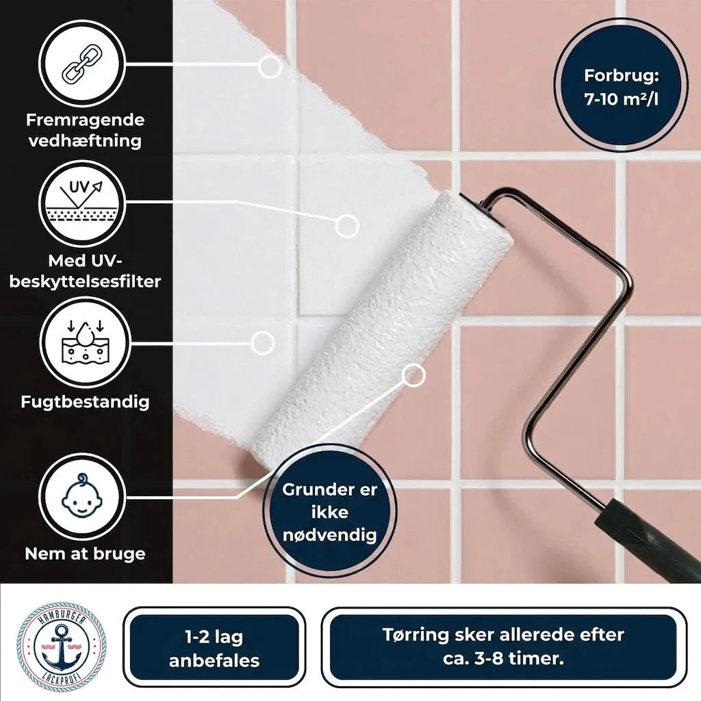 Infografik med hvid flisemaling på lyserøde fliser. Tysk tekst om produktfordele og anvendelse.