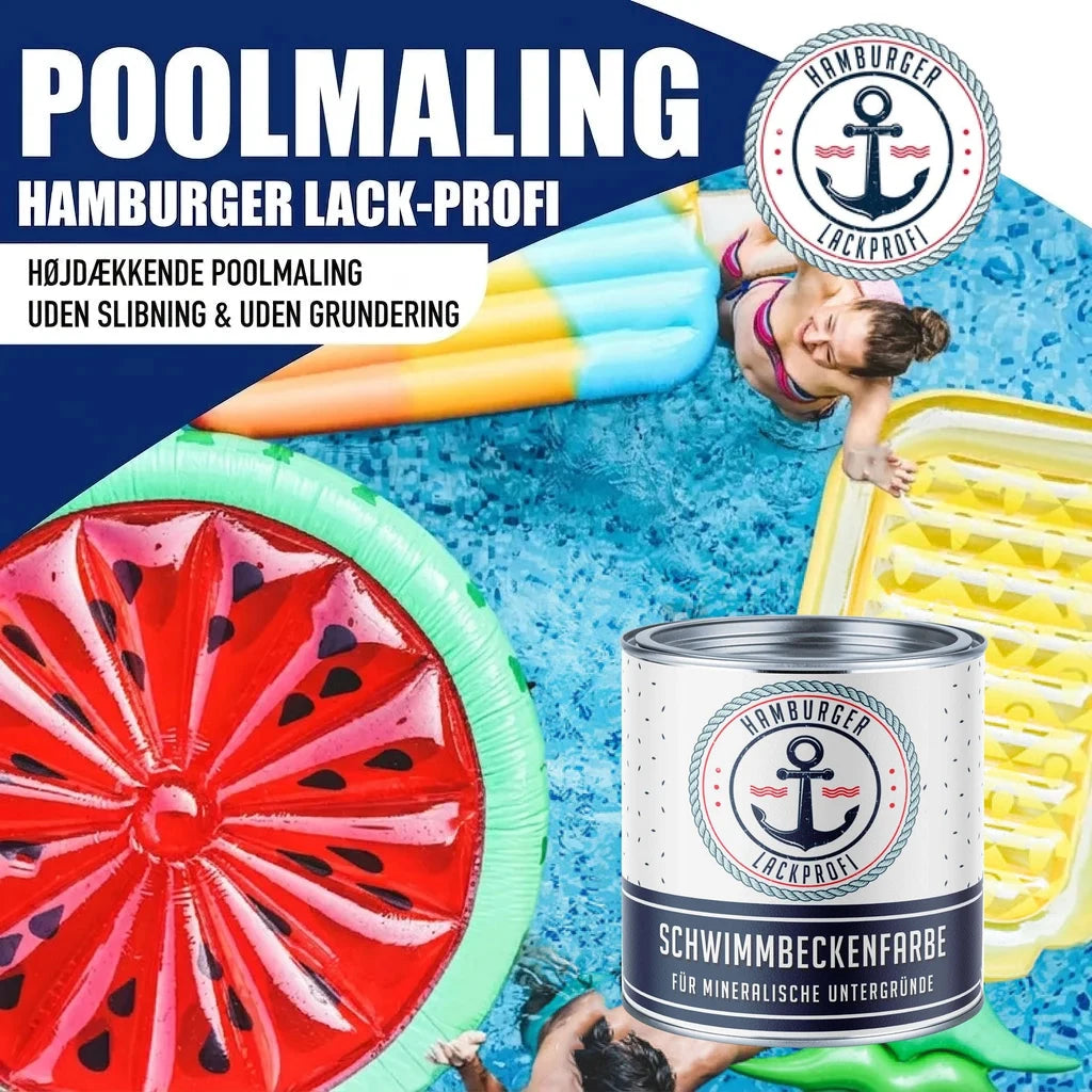 Poolmaling fra Hamburger Lack-Profi. En kvinde i en pool med baderinge og en dåse "SCHWIMMBECKENFARBE".