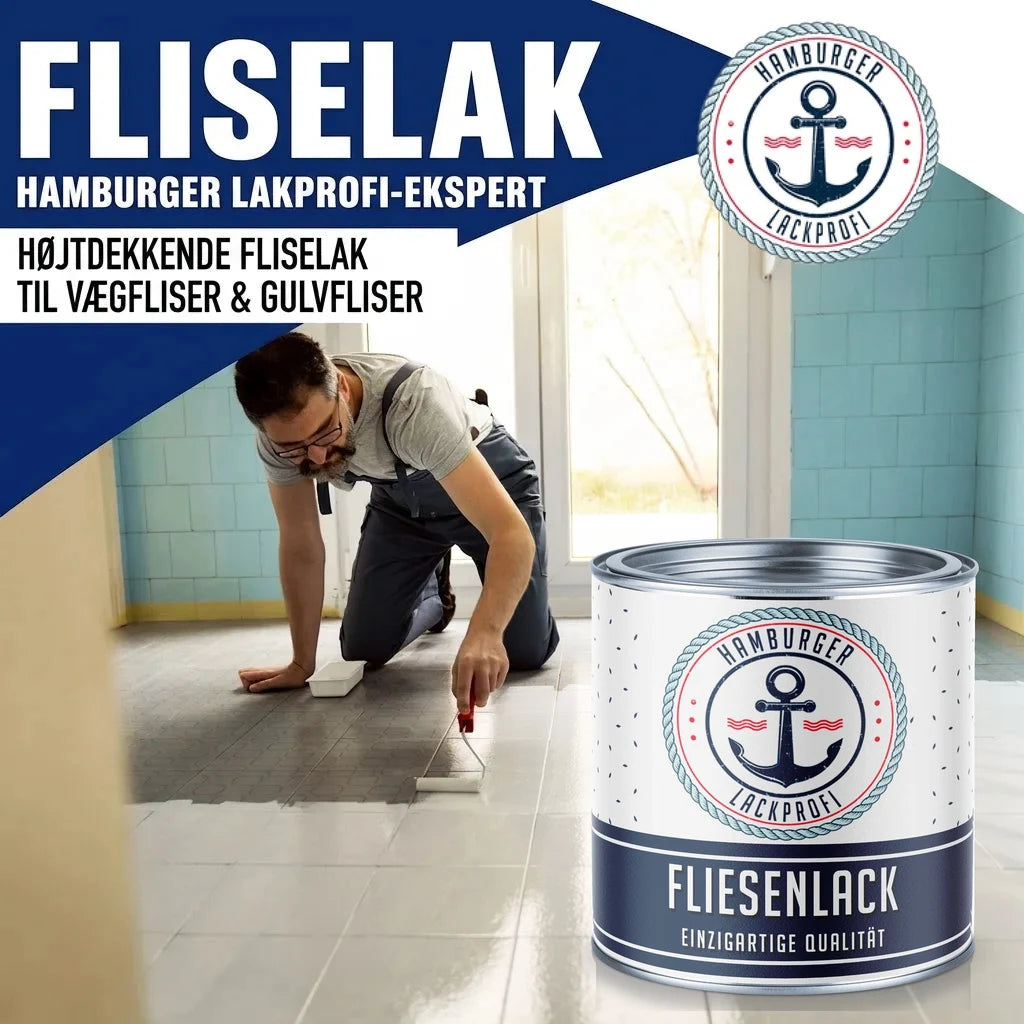 Mand maler gulvfliser med "Fliesenlack" fra Hamburger Lackprofi. Højtdækkende fliselak til væg- og gulvfliser.