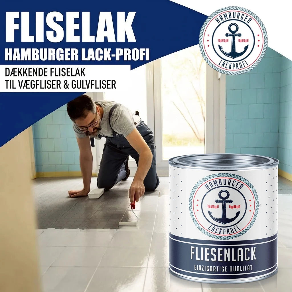 Hamburger Lack-Profi "Fliesenlack" til væg- og gulvfliser. Mand maler gulv med hvid fliselak.