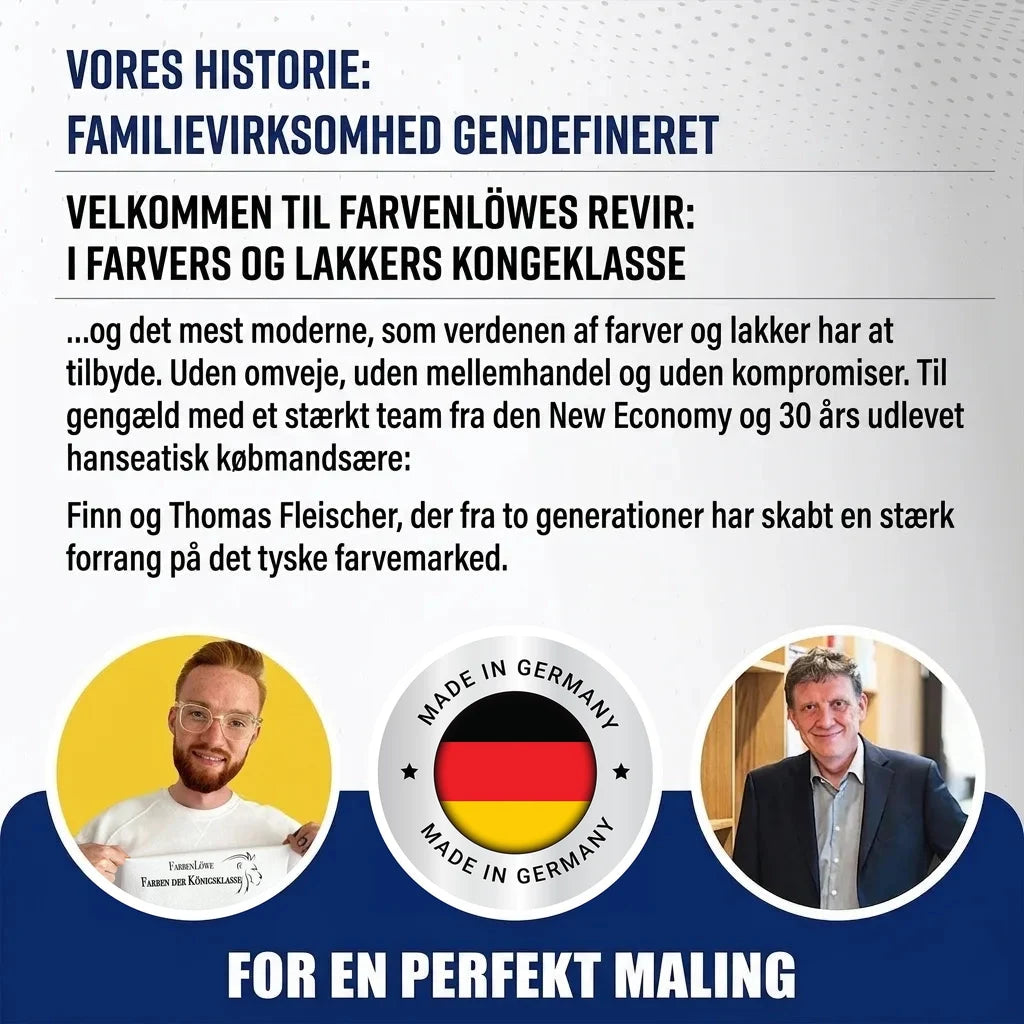 To mænd og tysk tekst om familieforetagendet 'Farbenlöwe' (Farveløven), der specialiserer sig i maling og lak. 'Made in Germany'-badge.