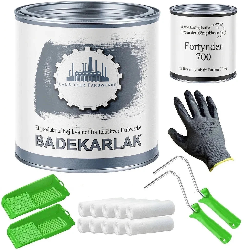 Sæt til lakering af badekar: lak, fortynder, malerruller, malbakker og handsker.