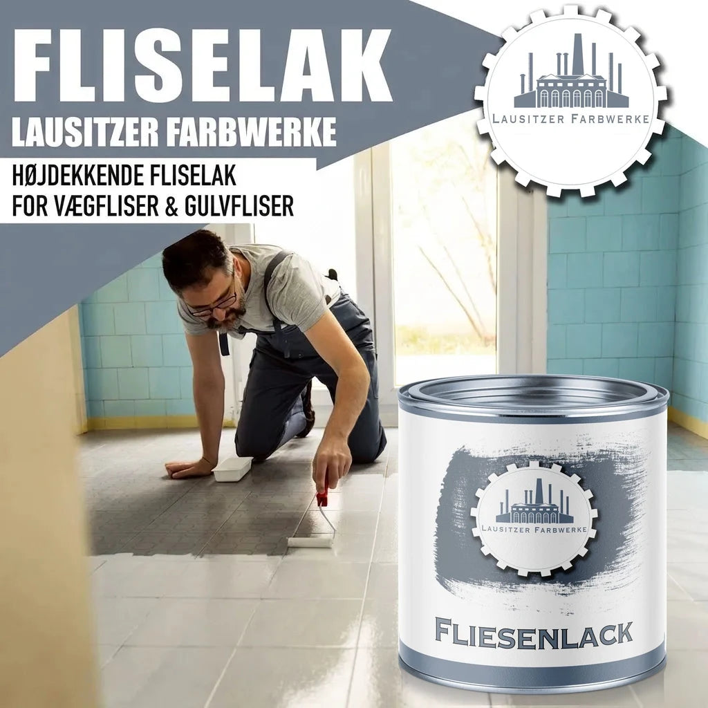 Lausitzer Farbwerke fliselak til væg- og gulvfliser. Mand maler fliser. Dåse med "FLIESENLACK".