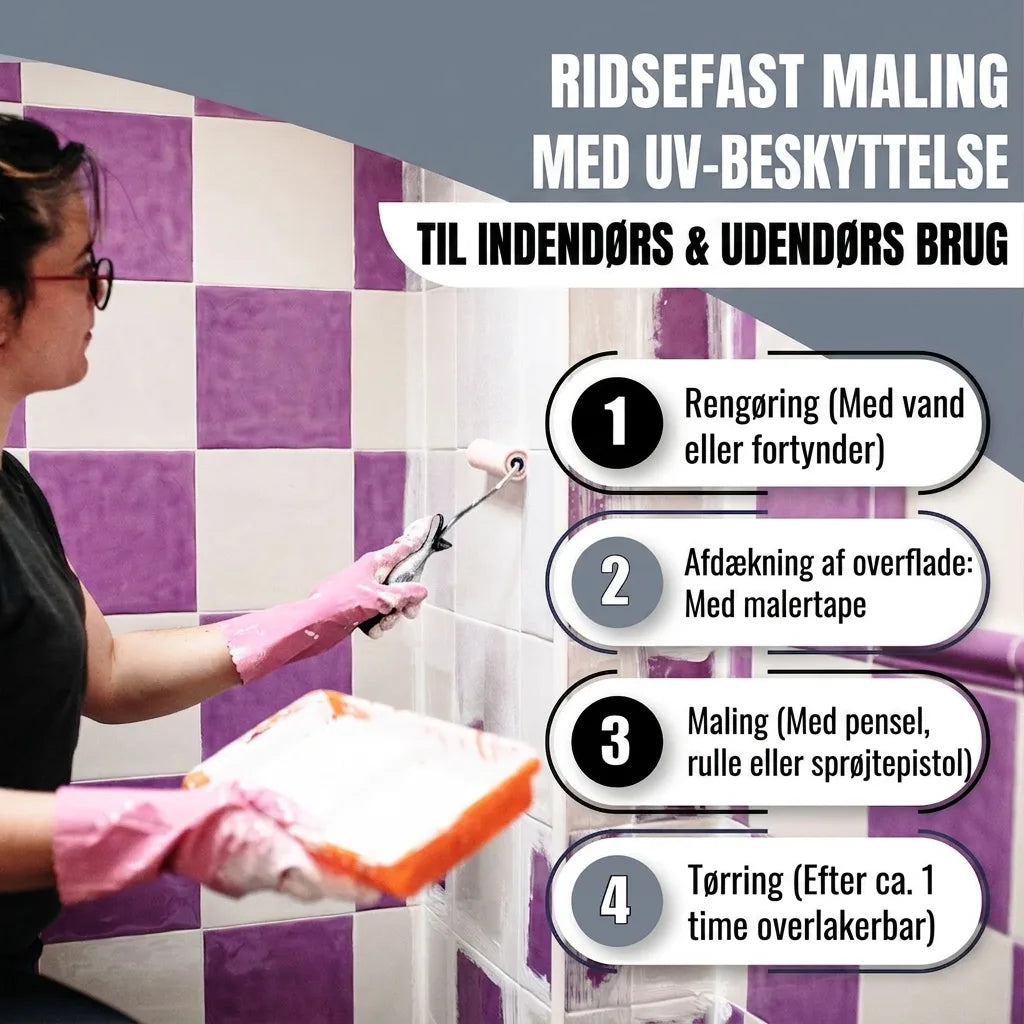 Person maler fliser med ridsefast UV-beskyttende maling til inde/ude. Trin for trin-guide til rengøring, afdækning, maling, tørring.