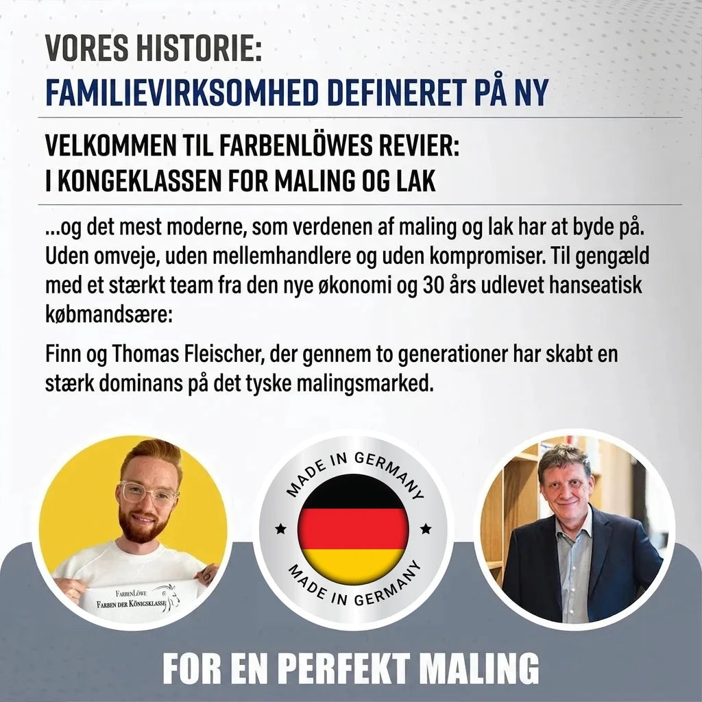 Oplysninger om Farbenlöwe, et tysk familiefirma der producerer premium maling og lak. Med Finn og Thomas Fleischer.