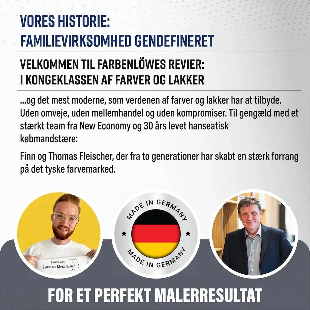Præsentation af den tyske familievirksomhed Farvenløve, med portrætter af grundlæggerne og 'Made in Germany' mærket.