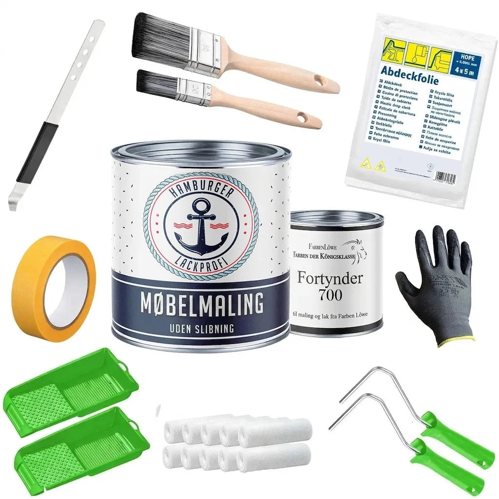 Møbelmaling, fortynder, pensler, malertape, afdækningsfolie, handsker, malerruller og malerbakker.