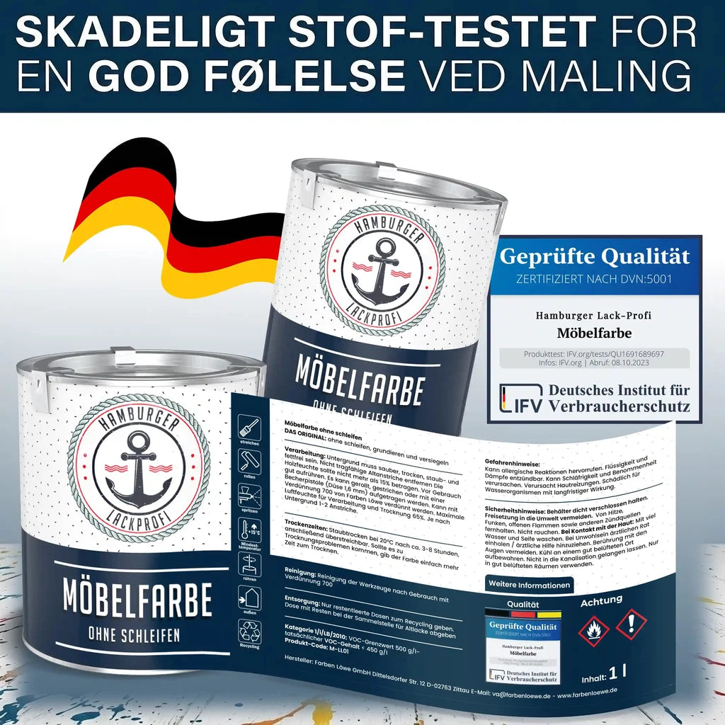 Dansk alt-tekst: To dåser "MÖBELFARBE OHNE SCHLEIFEN" fra "HAMBURGER LACKPROFI" med tysk flag og kvalitetsmærker.