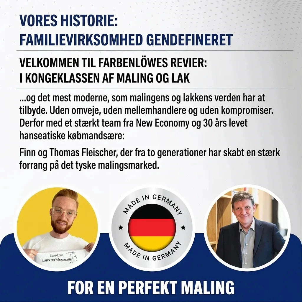 Tysk reklame for familieforetagendet Farbenlöwe, der redefinerer maling og lak. Viser Finn og Thomas Fleischer, 'Made in Germany'.