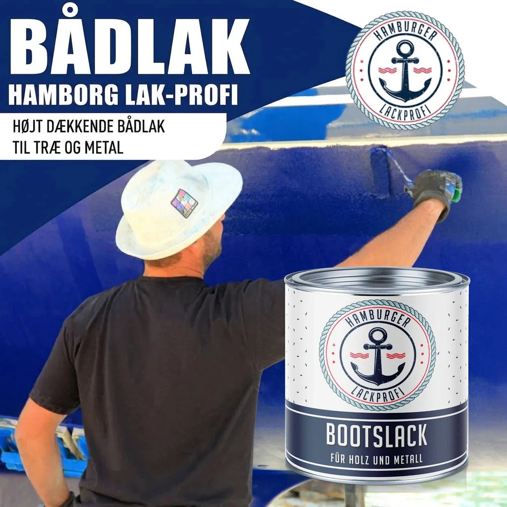 Mand maler båd med "Hamburger Lackprofi" "Bootslack". Højtdækkende bådlak til træ og metal.