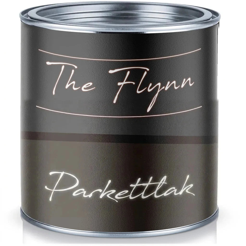 Dåse med The Flynn Parkettlack, en sort trægulvslak.