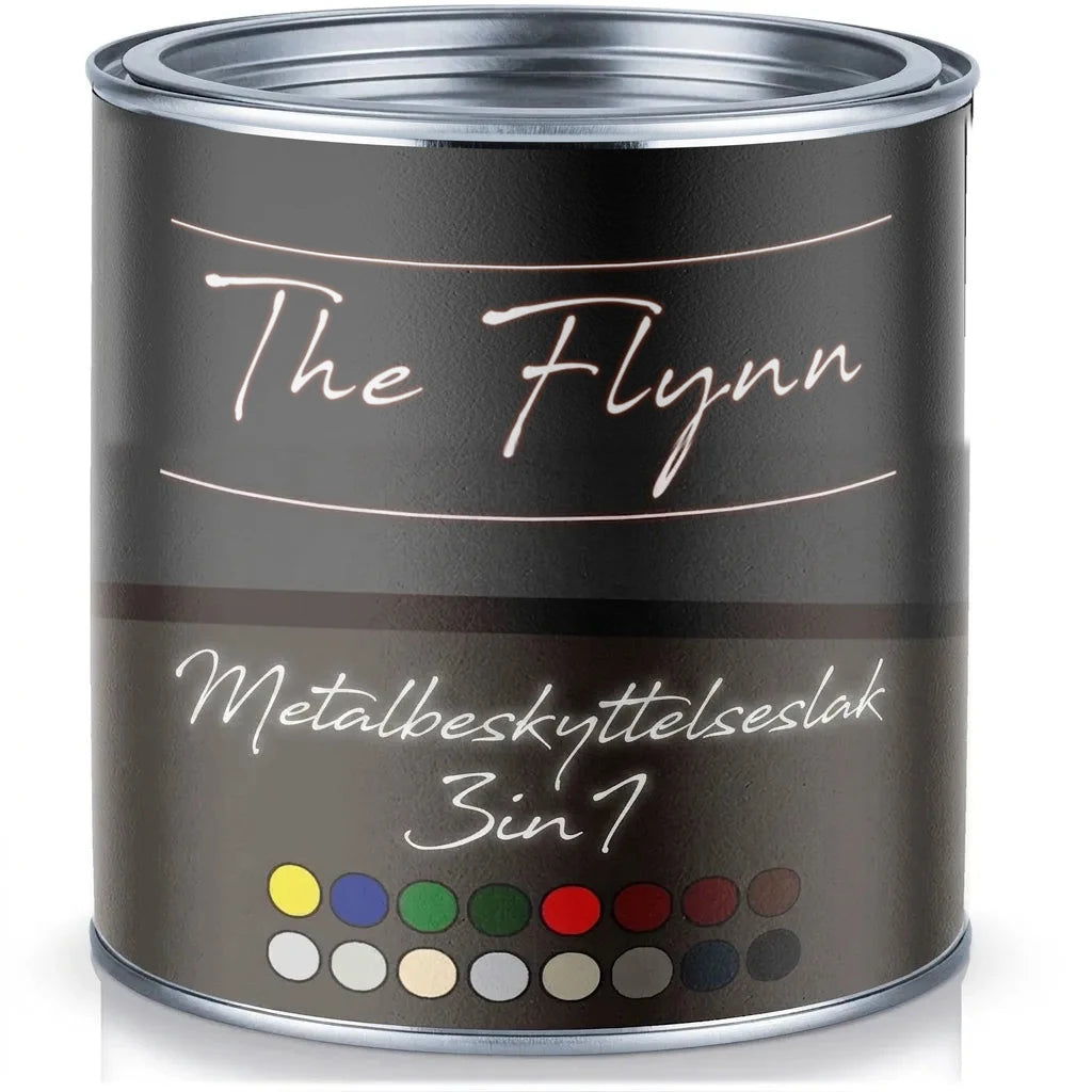 The Flynn 3-i-1 metalbeskyttelseslak i dåse med forskellige farveprøver.