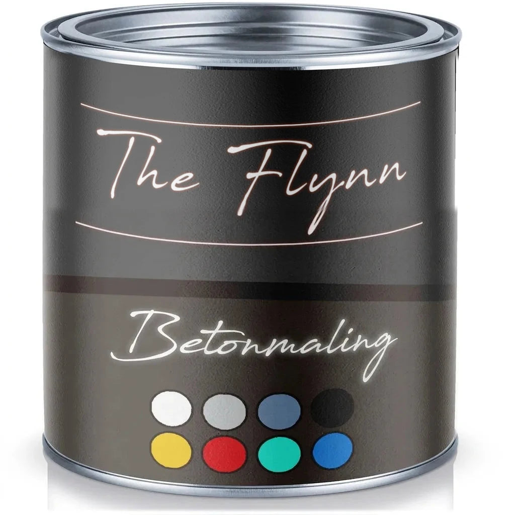 Malingdåse med sort etiket, teksten 'The Flynn Betonfarbe' og farveprøver for betonmaling i forskellige nuancer.