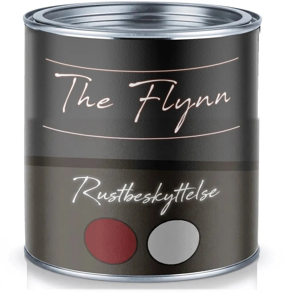 Dåse sort rustbeskyttelsesmaling The Flynn med rød og grå farveprøve på etiketten.