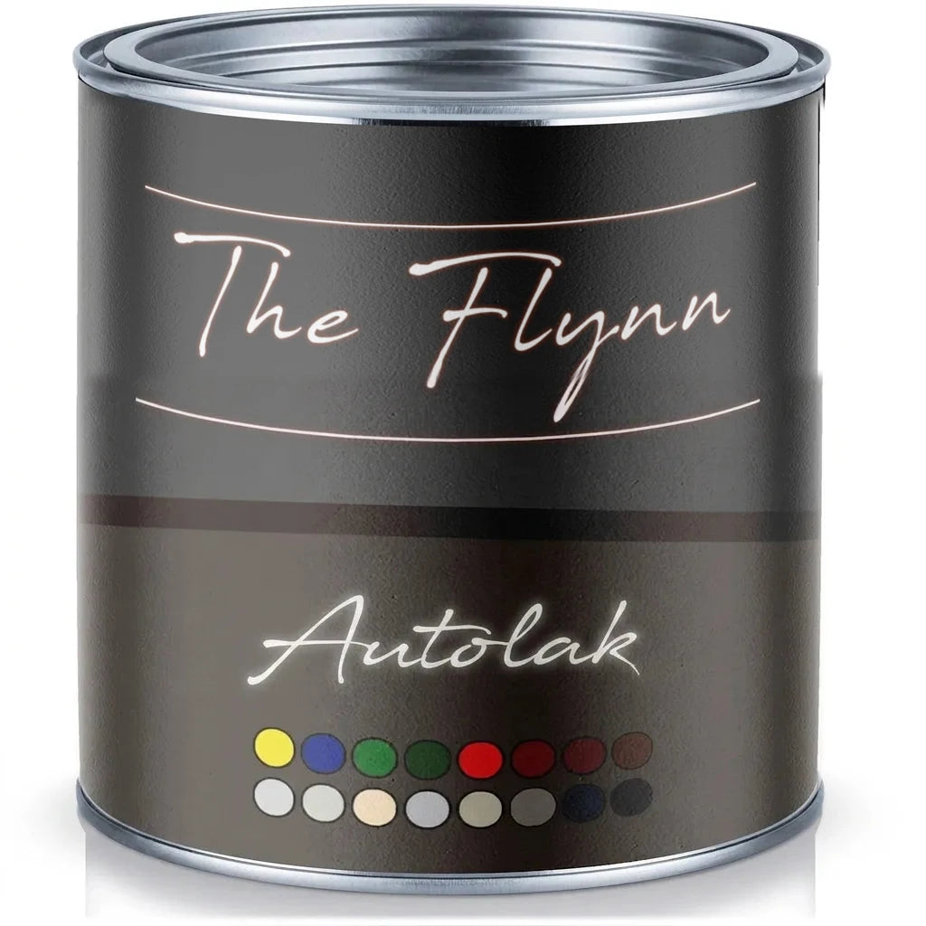 Dåse med 'The Flynn Autolack' etiket, der viser forskellige farveprøver.