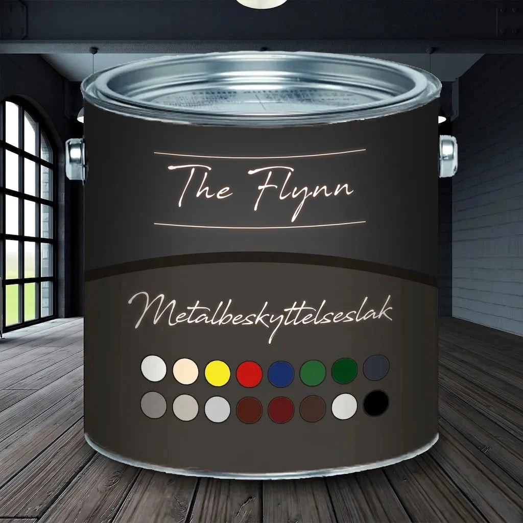 Mørkegrå malingspande med 'The Flynn' metalbeskyttende maling og farveprøver i et moderne rum.