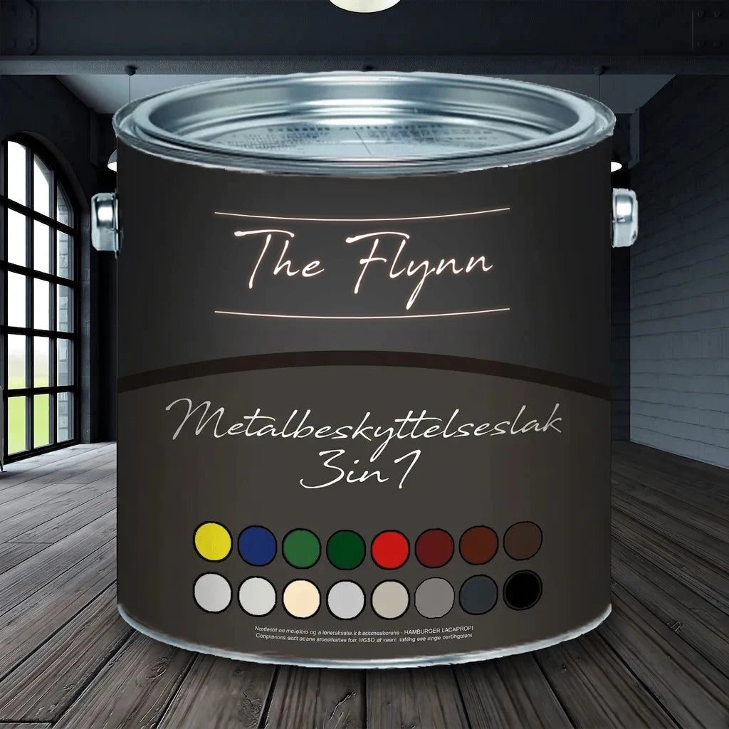 Malingsdåse The Flynn Metalbeskyttelseslak 3i1 med farveudvalg vist i et industrielt inspireret rum.