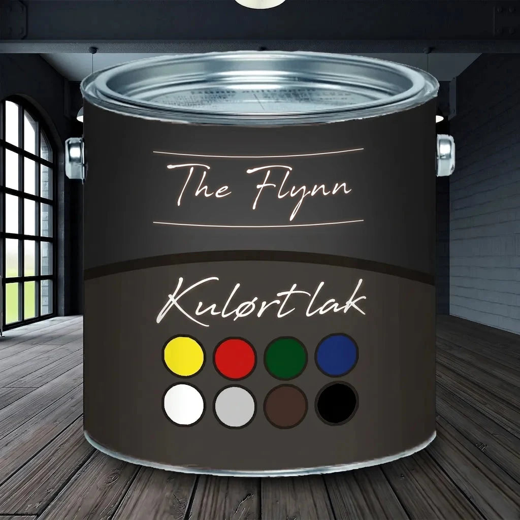 Malingsspand 'The Flynn Bunttack' med farveprøver. Mørkegrå spand i industristil.