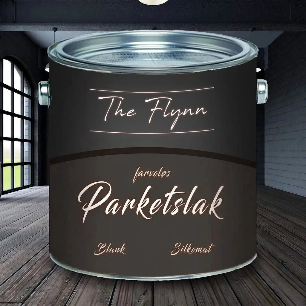 Dåse med "The Flynn" farveløs parketlak, valgfri glans eller silkemat, i et moderne rum.